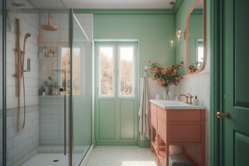 Modern cozy bathroom, classic interior design with light coral, green and white colors. Super photo realistic background, generative ai illustration