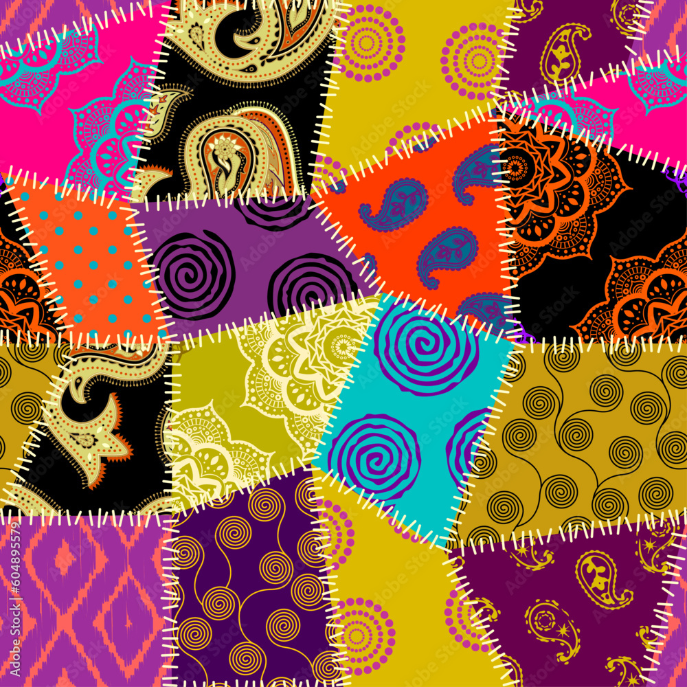Poster textille patchwork pattern. seamless vector image. bright tribal patchwork.