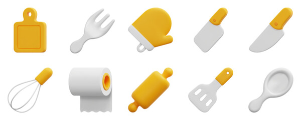 Kitchen 3d vector icon set. Cutting board, fork, kitchen glove, butchery, knife, mixer, paper towels, rolling pin, spatula, spoon. Isolated on white background. 3d icon vector render illustration.