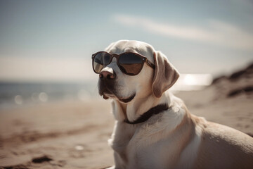 Beach Fun with a Happy Labrador: Sun, Sand, and Wagging Tails. Generative AI.
