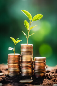Financial Growth Blooms: Seedlings on Stacked Coins, a Vibrant Symbol of Investment and Savings