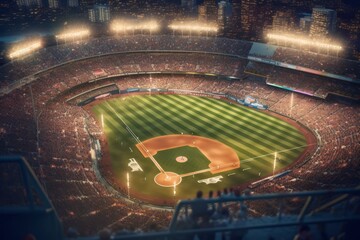 An aerial shot of a baseball stadium during a game, with the field illuminated by stadium lights, players in action, and fans cheering in the stands. Generative AI