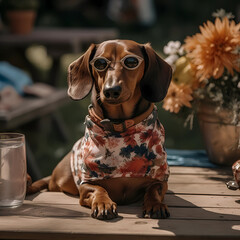 Stylish Dachshund Fashion: Flower Scarf and Sunglasses for the Trendy Pup | Generative Ai