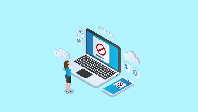 Businesswoman looking laptop screen with account banned writing on it 3D isometric cartoon animation in 4K UHD 3840x2160