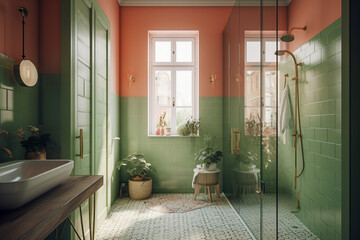 Modern cozy bathroom, classic interior design with light coral, green and white colors. Super photo realistic background, generative ai illustration