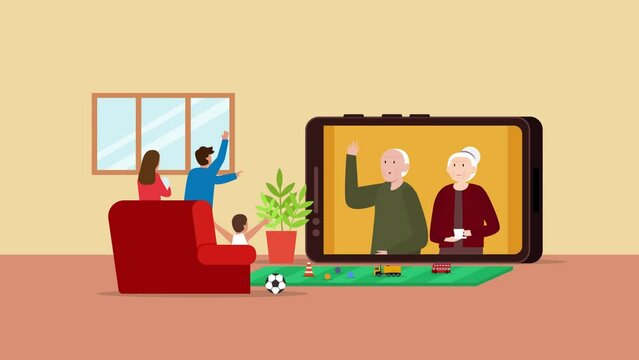 Young family with kids are having video call with grandparents