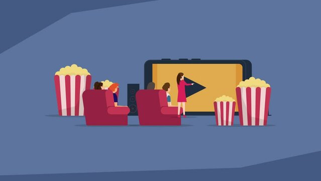 Family sit on the sofa and watch movie on huge mobile phone with popcorn