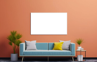 Blank wooden picture frame mockup on wall in modern interior. Vertical artwork template mock up for artwork, painting, photo or poster in interior design with Generative AI technology