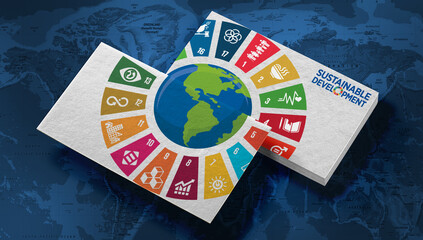 Sustainable Development 17 goals card, icon, Wheel and world map in background. Corporate social responsibility. Sustainable Development for a better world. 3D rendering.
