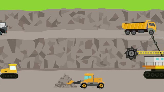 Mining industry with machineries and coal in trolleys on mine field