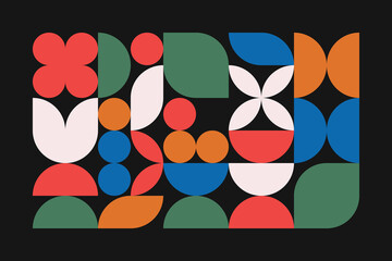Abstract still life depicting flowers, leaves, a plate of fruit in a trendy Bauhaus style. Design for decor. Vector illustration with geometric elements.