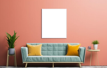 Blank wooden picture frame mockup on wall in modern interior. Vertical artwork template mock up for artwork, painting, photo or poster in interior design with Generative AI technology