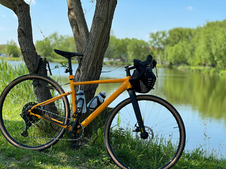 Gravel bicycle in the city park on the spring season