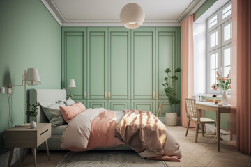 Modern cozy bedroom, classic interior design with light coral, green and white colors. Super photo realistic background, generative ai illustration