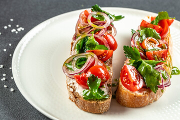Traditional Italian bruschetta cheese, tomatoes and basil, place for text, top view