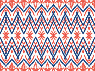 Red, Blue, and White Patriotic Ikat Geometric Seamless Pattern Background. The tribal-inspired ornament texture and intricate stitch lines create unique character.