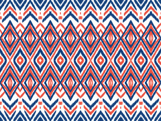 Red, Blue, and White Patriotic Ikat Geometric Seamless Pattern Background. The tribal-inspired ornament texture and intricate stitch lines create unique character.