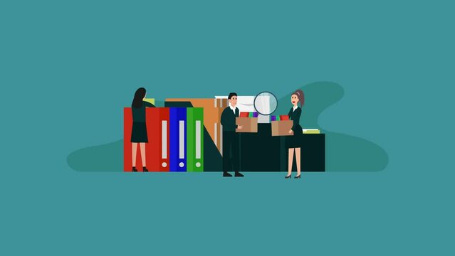 People taking documents from shelves, using magnifying glass and searching files