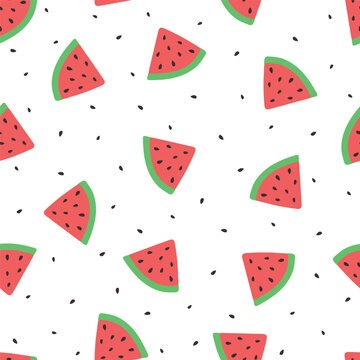 Seamless watermelons pattern. Vector background. Flat design. Pattern of sweet juicy pieces watermelon, watermelon slices with seed