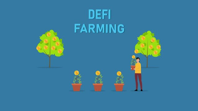 Defi - Yield farming - man pushing wheelbarrow of bitcoin plants