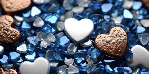 Obraz premium Shiny blue and white stone hearts illuminated with glittering sparkle, with copy space, generative ai