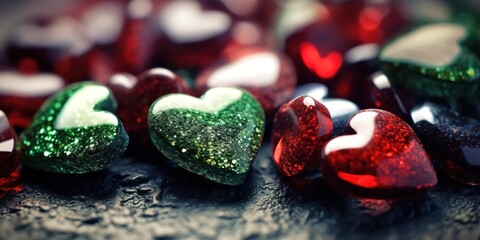 Glistening red and green stone hearts adorned with glitter, background with copy space, generative ai