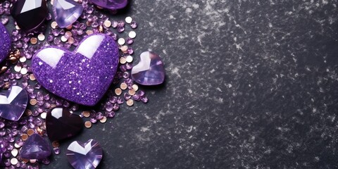 Fototapeta na wymiar Brilliant purple stone hearts with a dazzling display of bright light and sparkling glitter on concrete background, with copy space for your custom text, generative ai