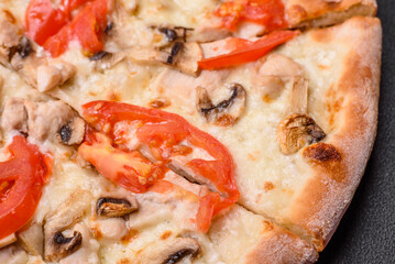 Delicious pizza with chicken, tomatoes and cheese with salt and sauce