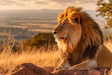 Plakat Lion overlooking a vibrant savannah, Golden hour, African landscape