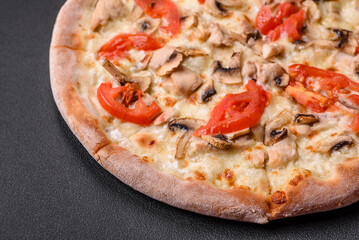 Delicious pizza with chicken, tomatoes and cheese with salt and sauce