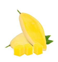 Ripe Mango with green leaf isolated on white background. Clipping path.