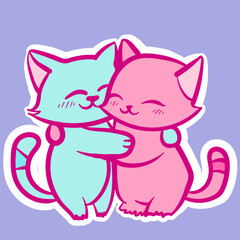 A couple of two kawaii cats in pastel colors hugging. Digital art of two chibi kitties embracing each other with love