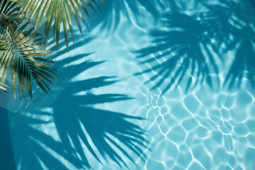 Fototapeta na wymiar Summer tropical background. Swimming pool with tropical leaf shadow. Generative ai