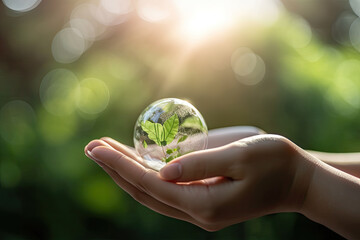 Clean crystal glass ball with leaves inside in woman hands on natural background, Save earth environment ecology concept, created with Generative AI