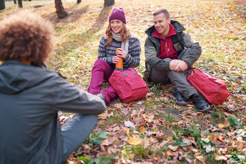 Holidays with friends. Group of young people sitting together in the park.