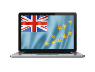 Tuvalu flag on laptop screen isolated on white. 3D illustration