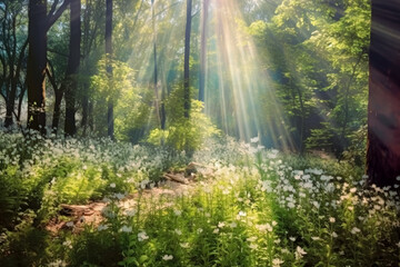 Sunshine on trees in a forest, flowers and nature motifs, naturalistic landscape backgrounds. Generative Ai Illustration.