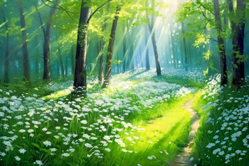 Sunshine on trees in a forest, flowers and nature motifs, naturalistic landscape backgrounds. Generative Ai Illustration.