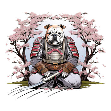 An English Bulldog Dressed As A Samurai, Wearing Armor And A Helmet, Holding A Katana Sword And Standing On A Cherry Blossom Garden, Generative Ai