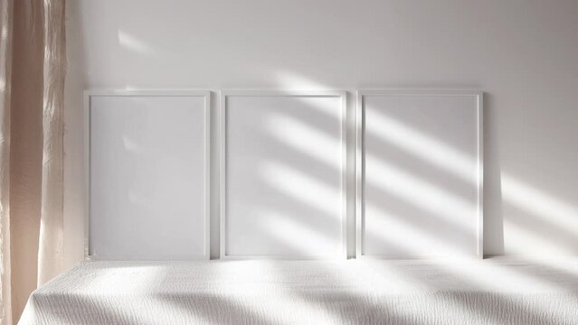 Video three white photo frames mockup with dry flowers