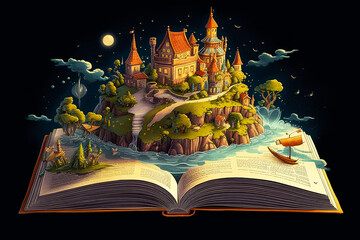 Illustration of magic book with fantastic stories. AI generated