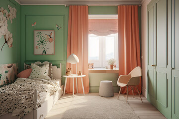 Modern cozy childrens room, classic interior design with light coral, green and white colors. Super photo realistic background, generative ai illustration