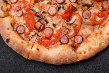Bavarian pizza with smoked sausages, tomatoes, cheese, salt and spices
