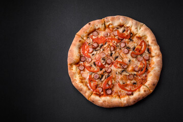 Bavarian pizza with smoked sausages, tomatoes, cheese, salt and spices