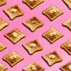 Food pattern with toasts and butter over pink background flat lay top-down composition. Complimentary colours, find the difference