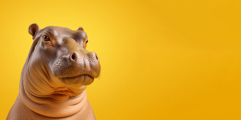 Fototapeta premium Portrait of a funny hippopotamus isolated on bright yellow background. Banner, place holder, copy space.