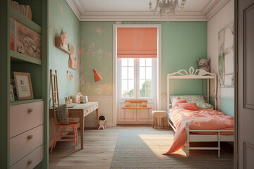 Modern cozy childrens room, classic interior design with light coral, green and white colors. Super photo realistic background, generative ai illustration