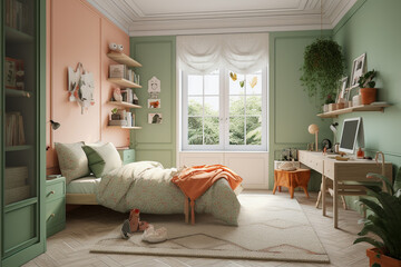 Modern cozy childrens room, classic interior design with light coral, green and white colors. Super photo realistic background, generative ai illustration