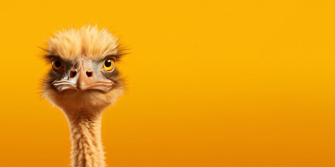 Portrait of a funny ostrich isolated on bright yellow background. Banner, place holder, copy space.