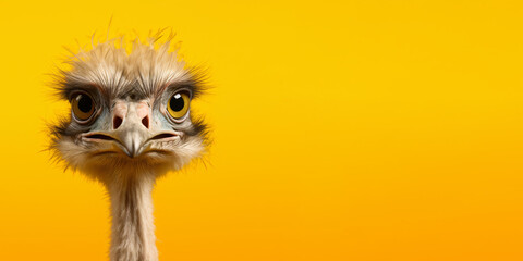 Portrait of a funny ostrich isolated on bright yellow background. Banner, place holder, copy space.